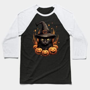 Black halloween cat with pumpkins Baseball T-Shirt